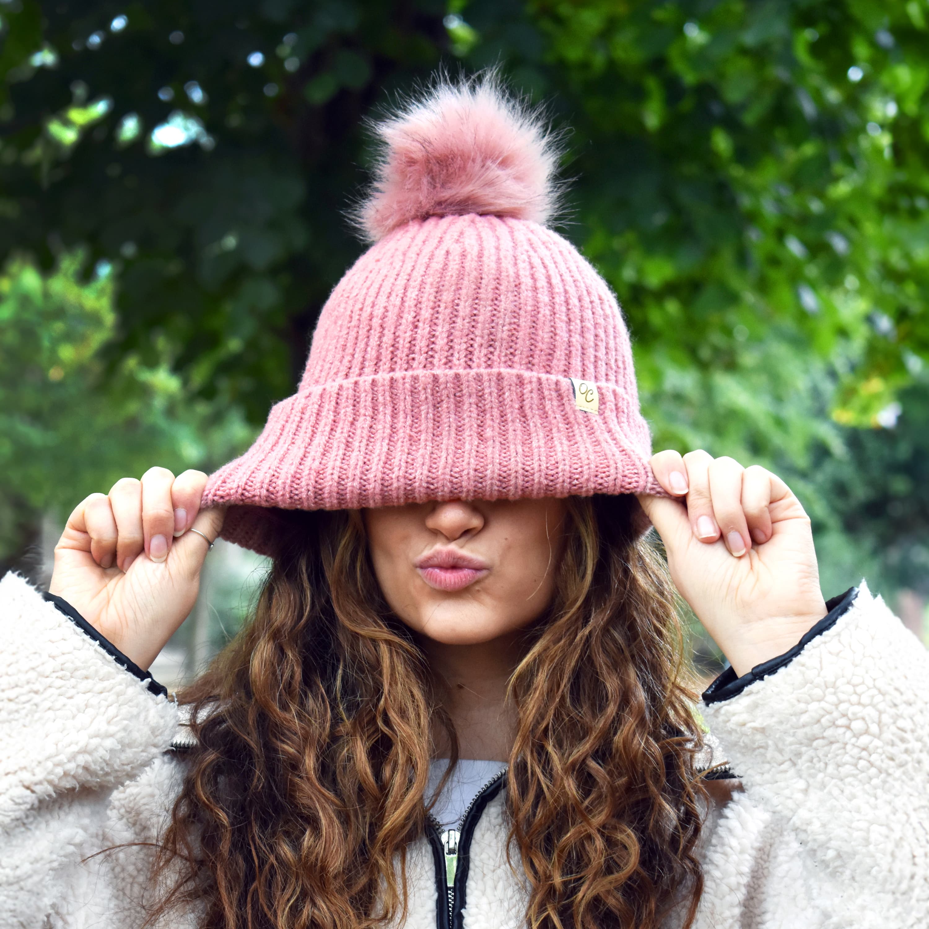 Only Curls Satin Lined Beanie with Pom - Carrie in Dusty Pink - Only Curls