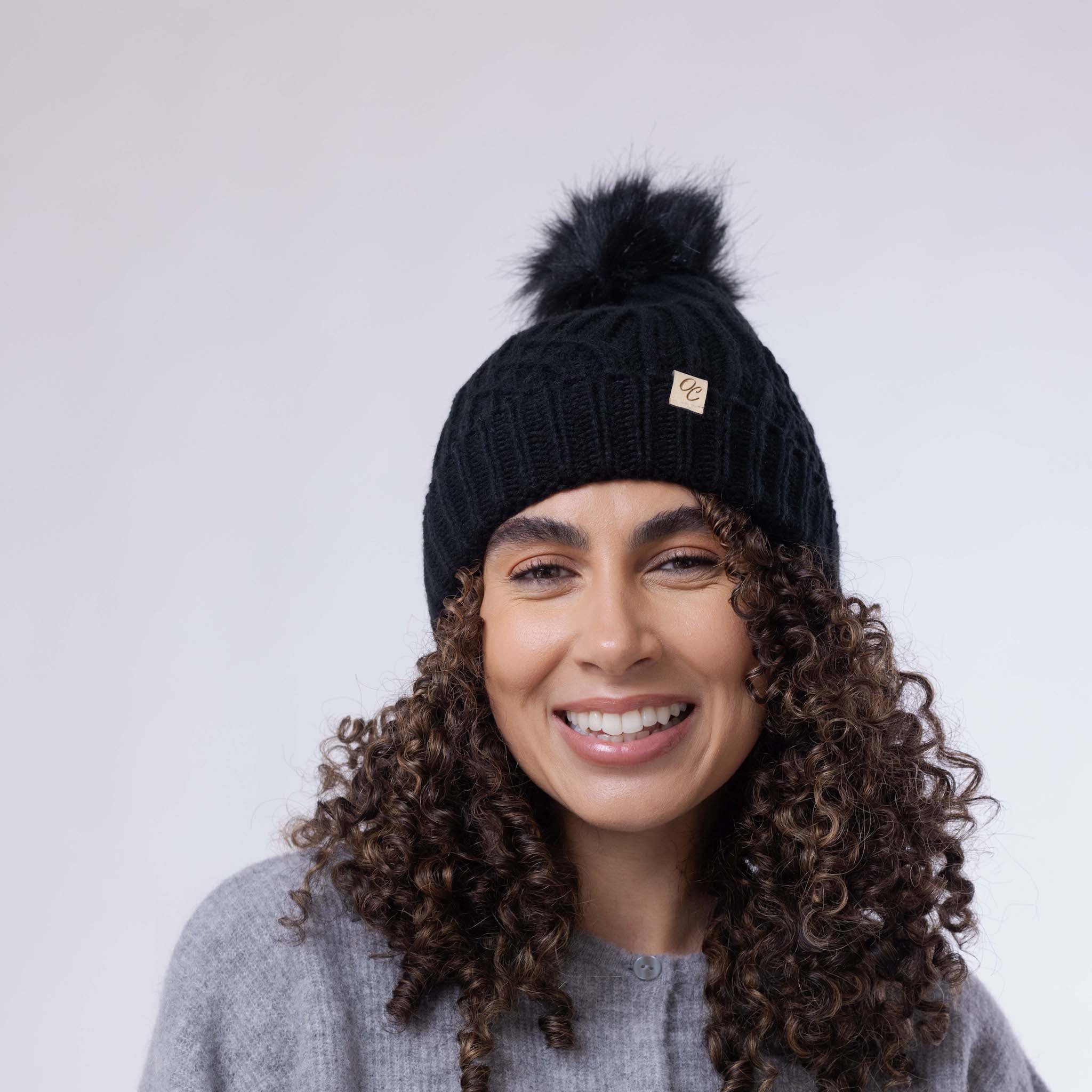 Only Curls Satin Lined Knitted Beanie Hat - Black with Pom Pom - Only Curls