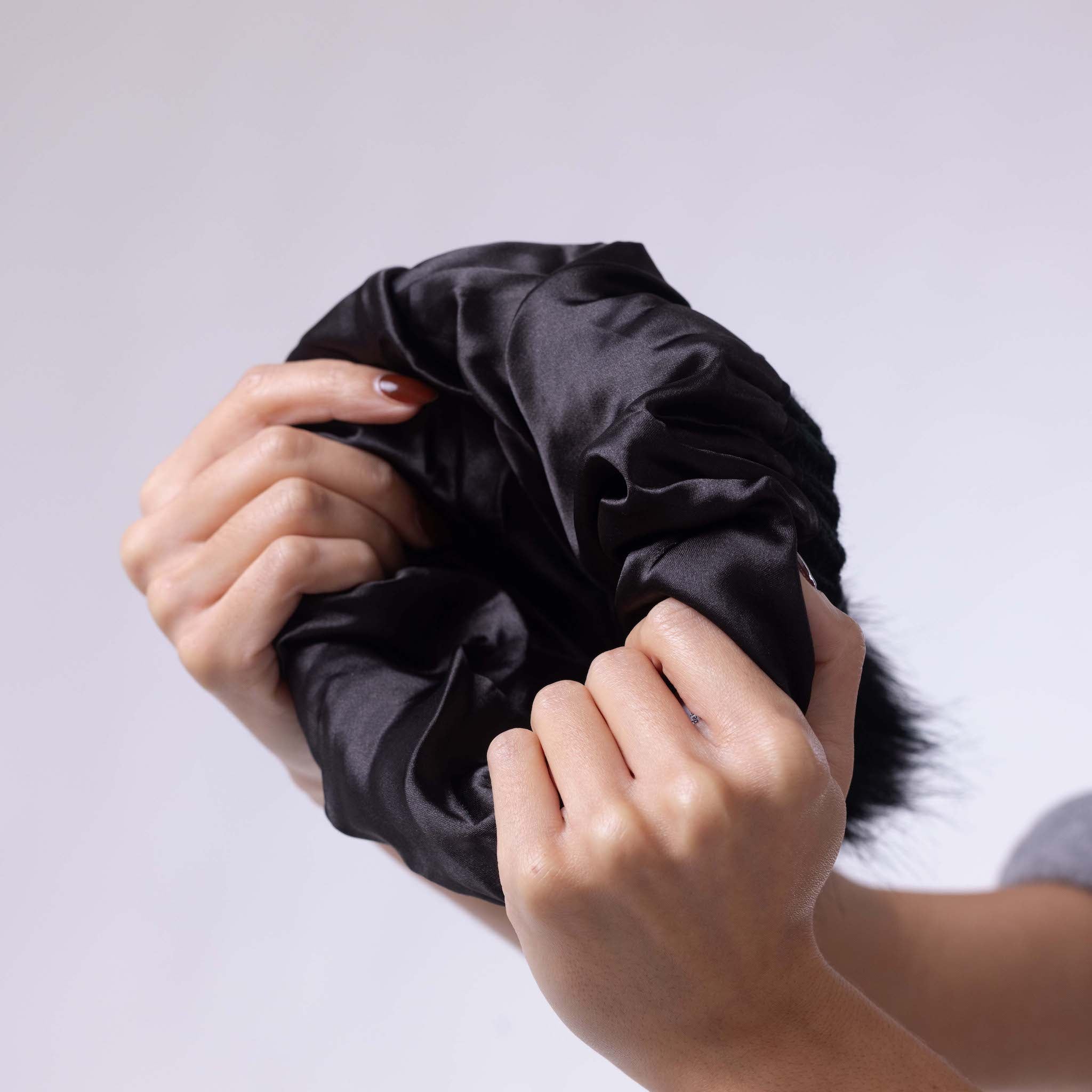 Only Curls Satin Lined Knitted Beanie Hat - Black with Pom Pom - Only Curls