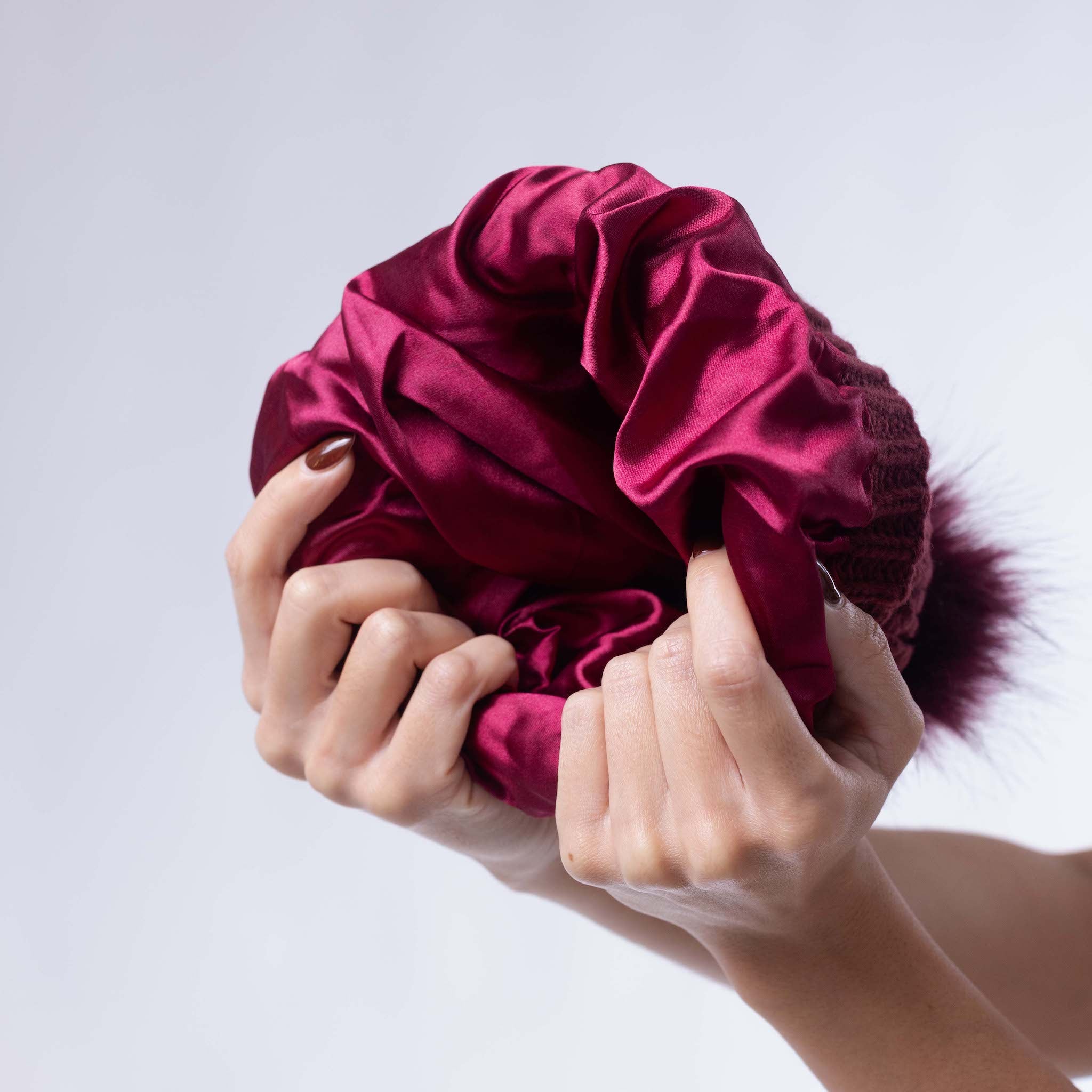 Only Curls Satin Lined Knitted Beanie Hat - Burgundy with Pom Pom - Only Curls