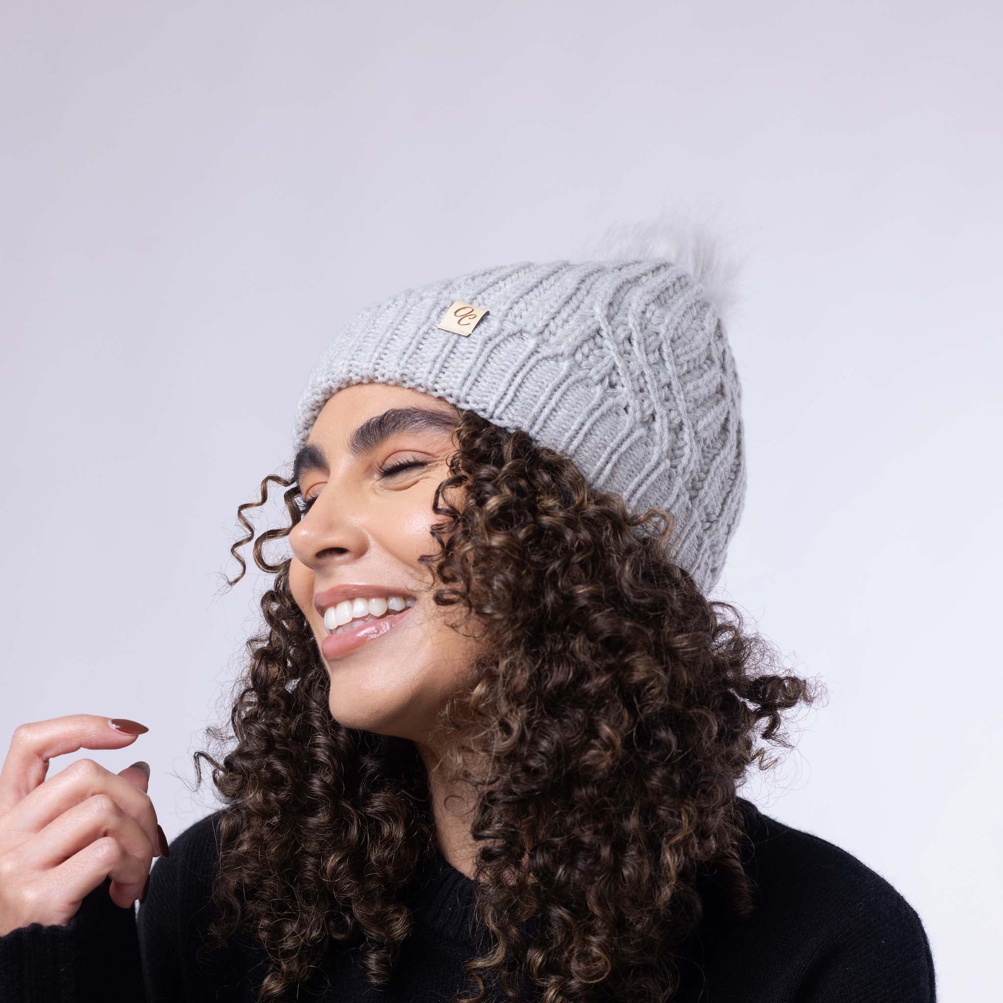 Only Curls Satin Lined Knitted Beanie Hat - Grey with Pom Pom - Only Curls