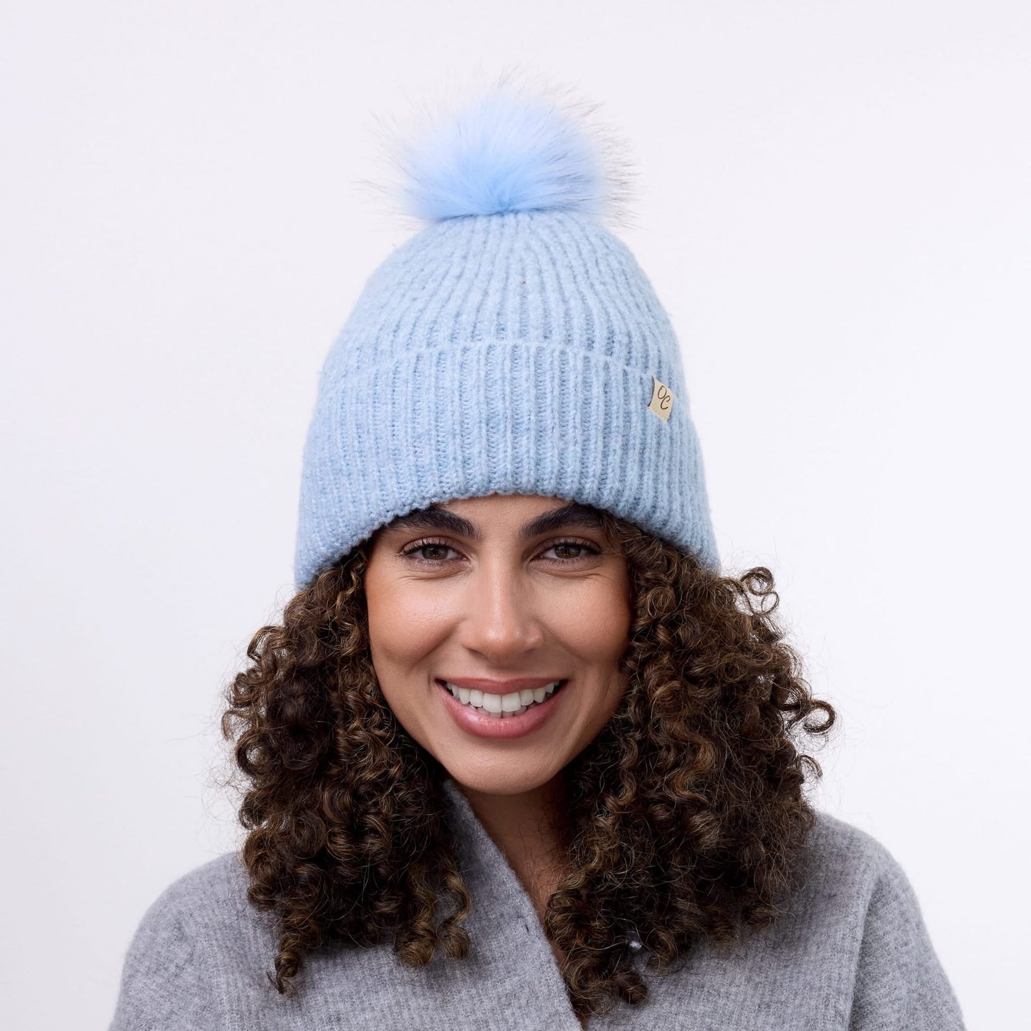 Only Curls Satin Lined Beanie with Pom - Carrie in Light Blue - Only Curls