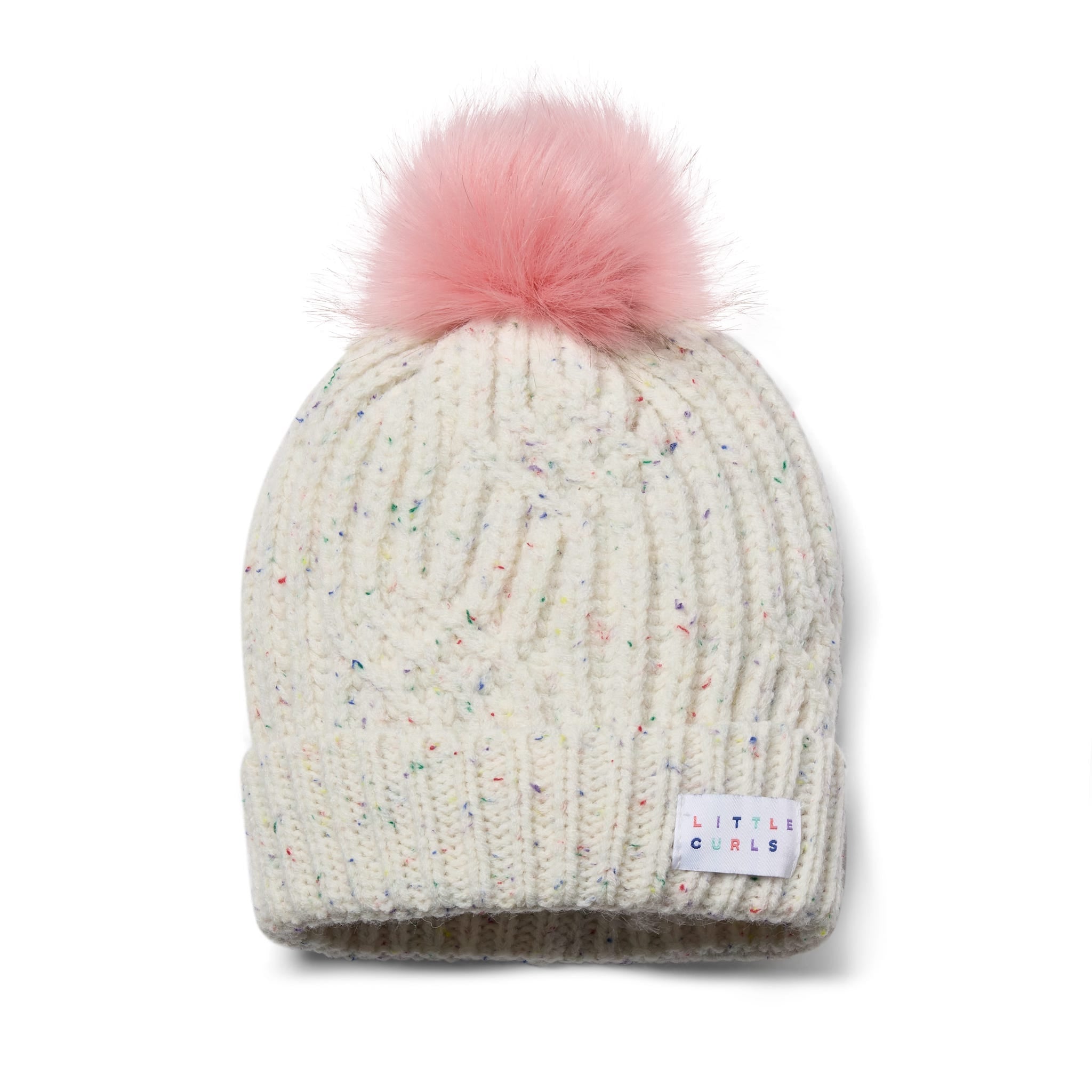 Little Curls Satin Lined Knitted Beanie Hat - Ivory Speckle with Pom Pom