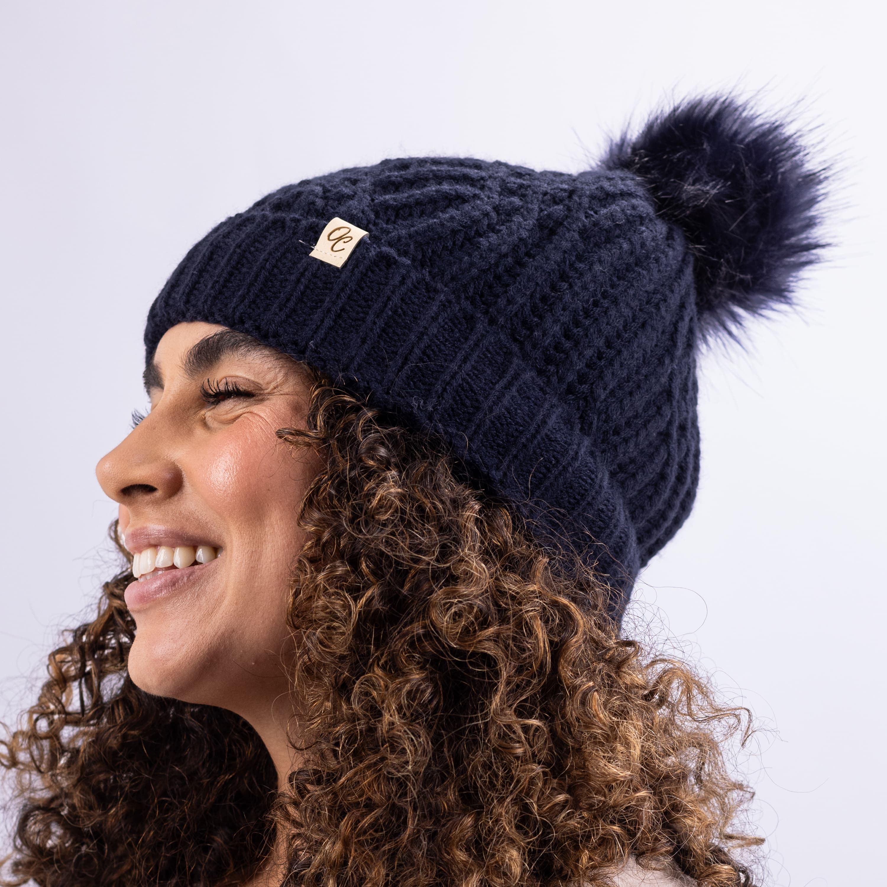 Only Curls Satin Lined Knitted Beanie Hat - Navy with Pom Pom - Only Curls