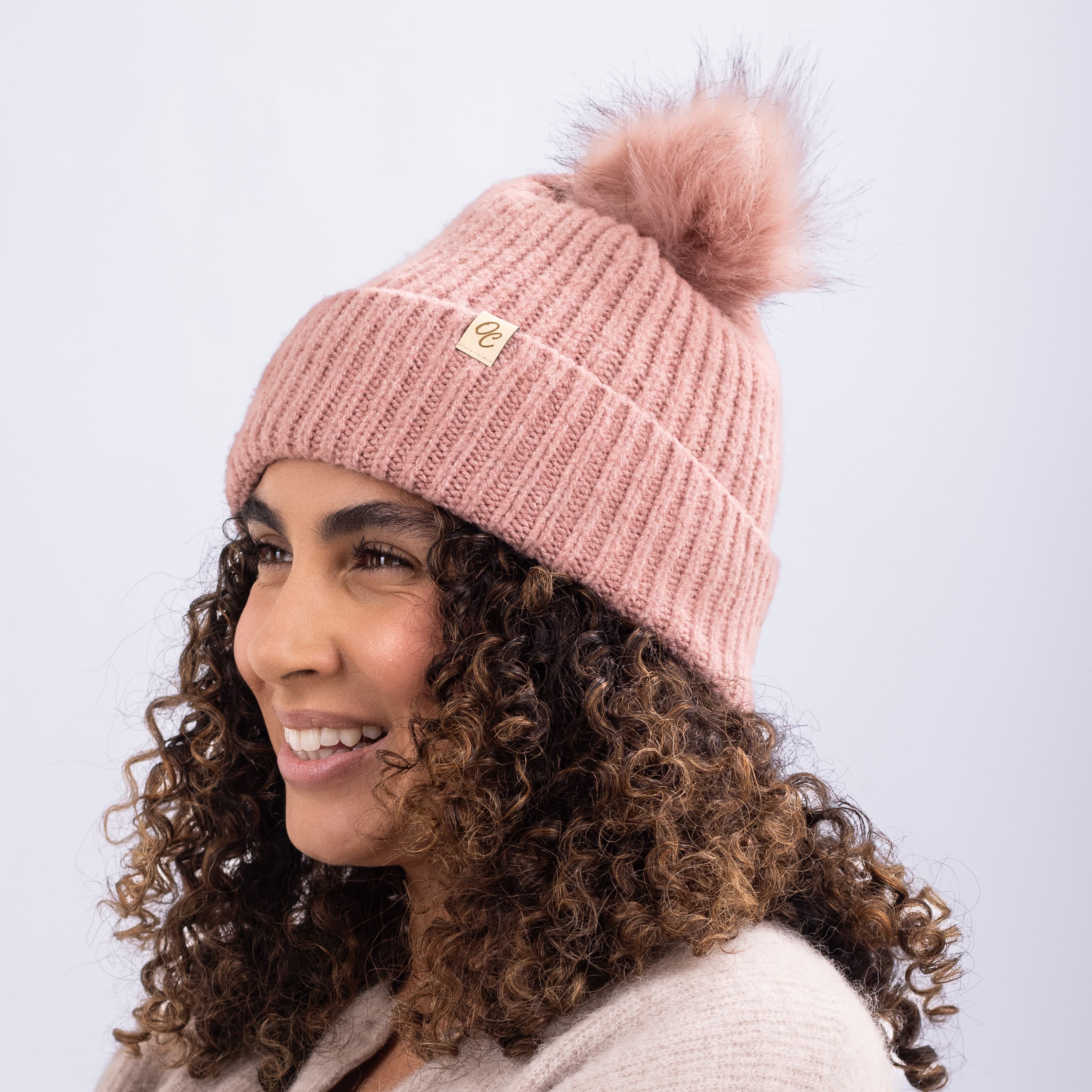 Only Curls Satin Lined Beanie with Pom - Carrie in Dusty Pink - Only Curls