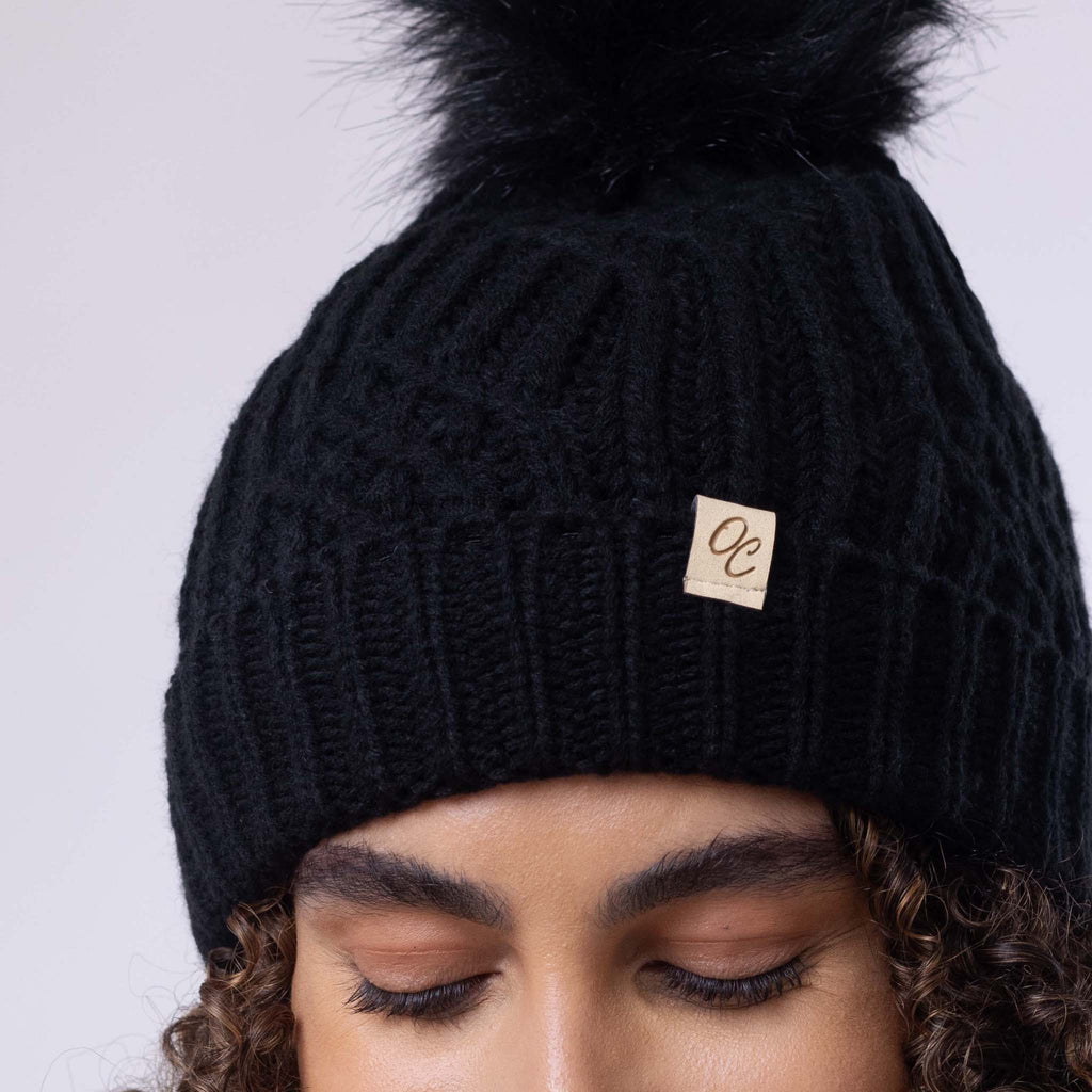 Only Curls Satin Lined Knitted Beanie Hat - Black with Pom Pom - Only Curls
