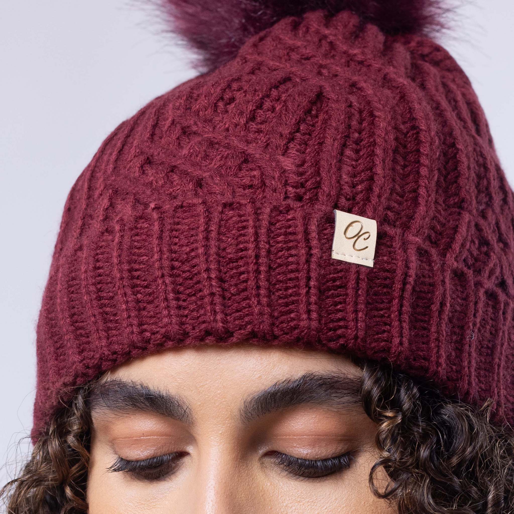 Only Curls Satin Lined Knitted Beanie Hat - Burgundy with Pom Pom - Only Curls