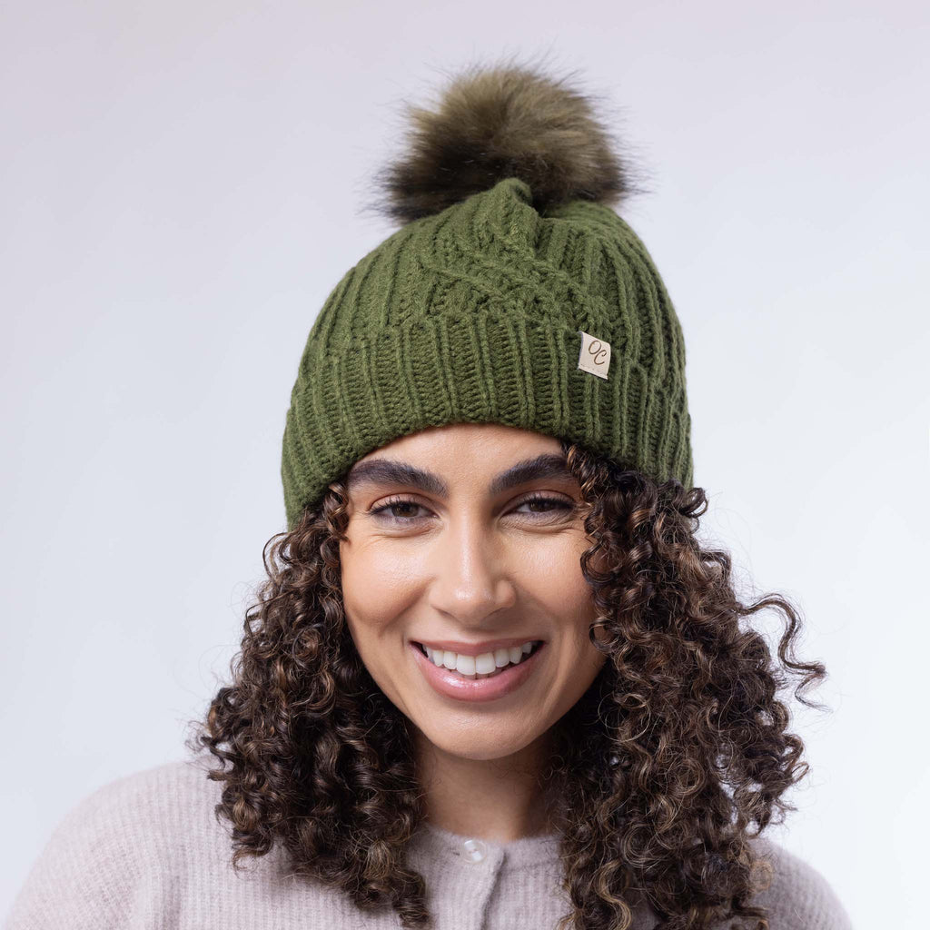 Only Curls Satin Lined Knitted Beanie Hat - Olive with Pom Pom - Only Curls