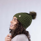 Only Curls Satin Lined Knitted Beanie Hat - Olive with Pom Pom - Only Curls