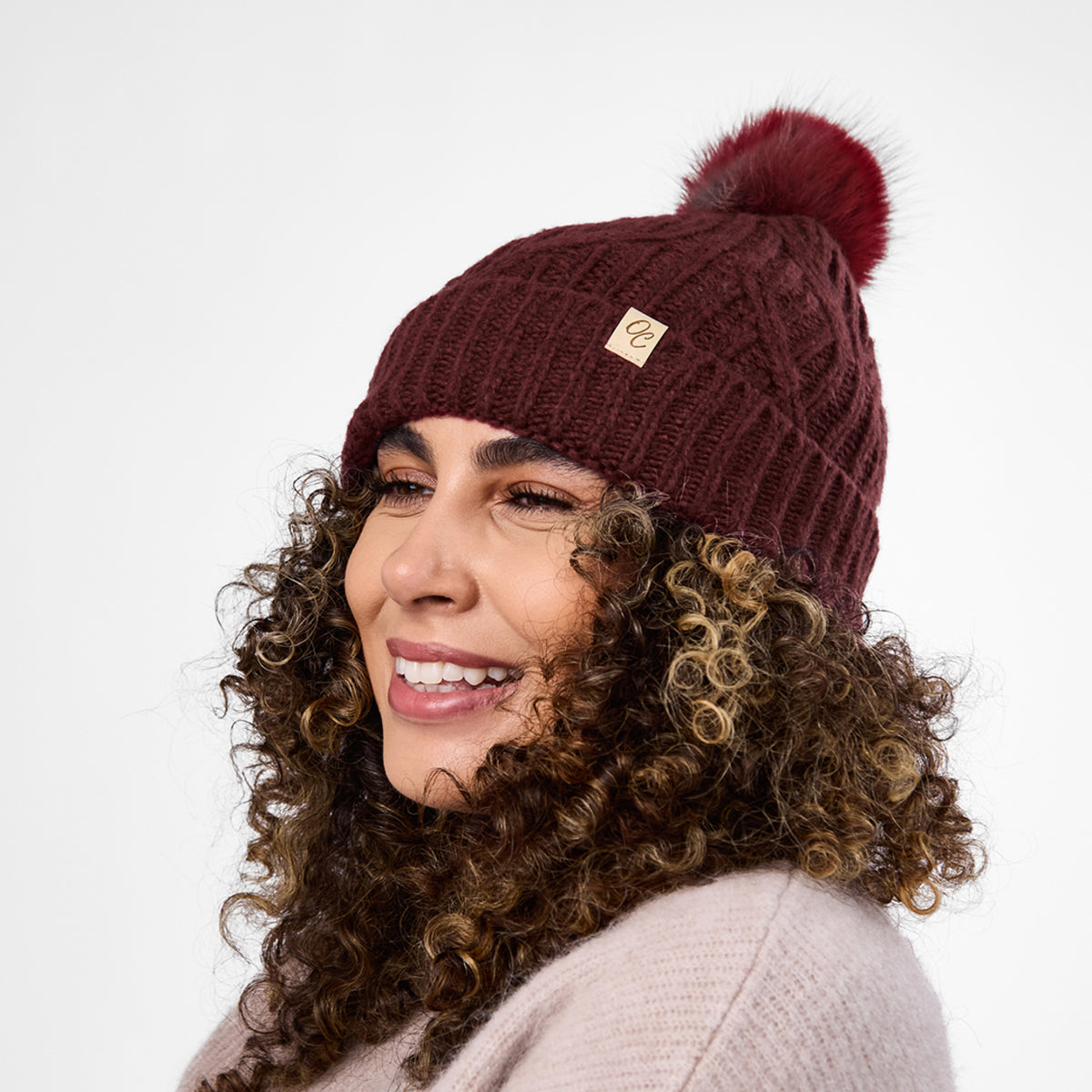 Only Curls Burgundy Cable Knit Satin-Lined Beanie - Only Curls