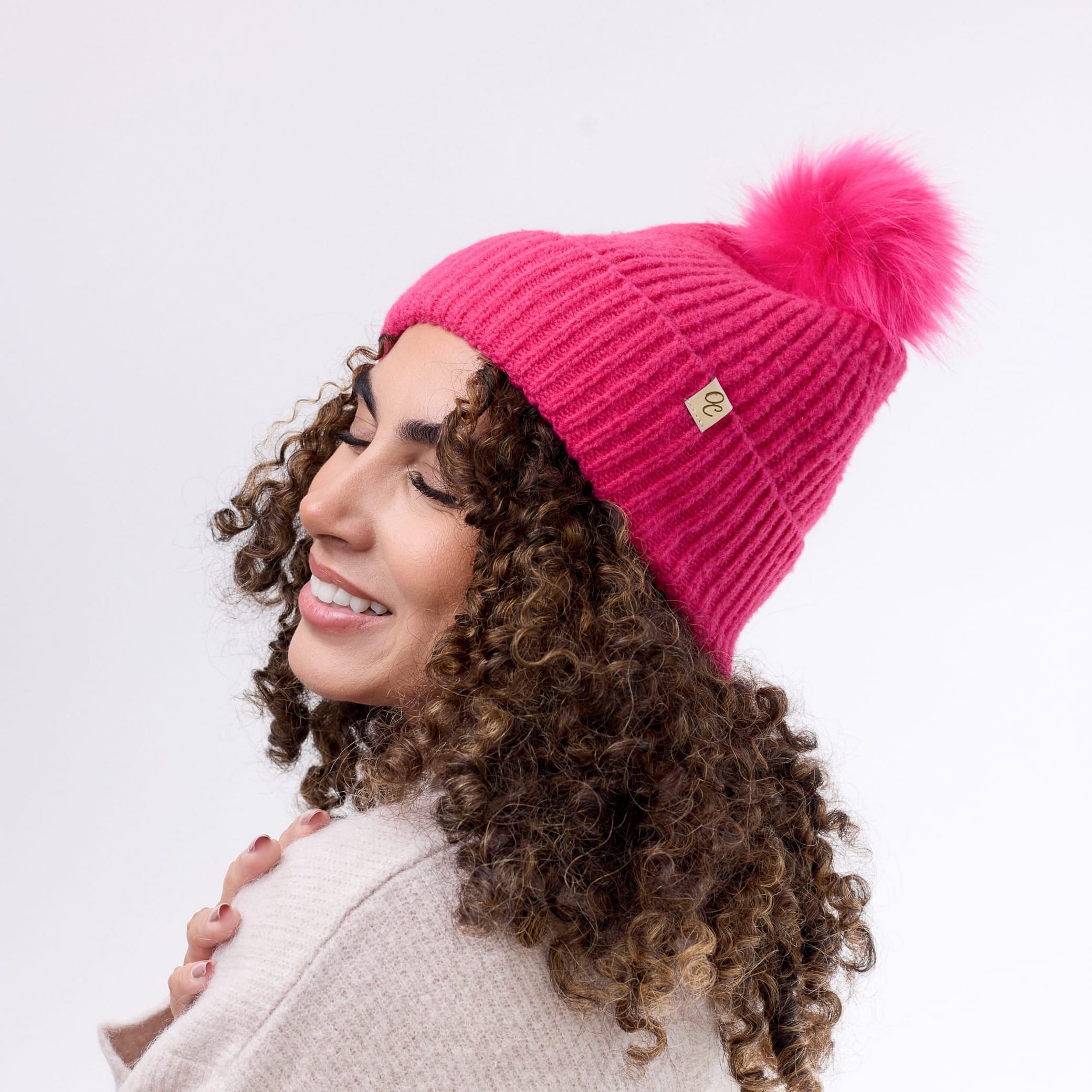 Only Curls Satin Lined Beanie with Pom - Carrie in Hot Pink - Only Curls