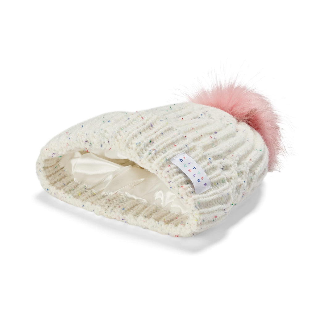 Little Curls Satin Lined Knitted Beanie Hat - Ivory Speckle with Pom Pom