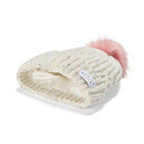 Little Curls Satin Lined Knitted Beanie Hat - Ivory Speckle with Pom Pom
