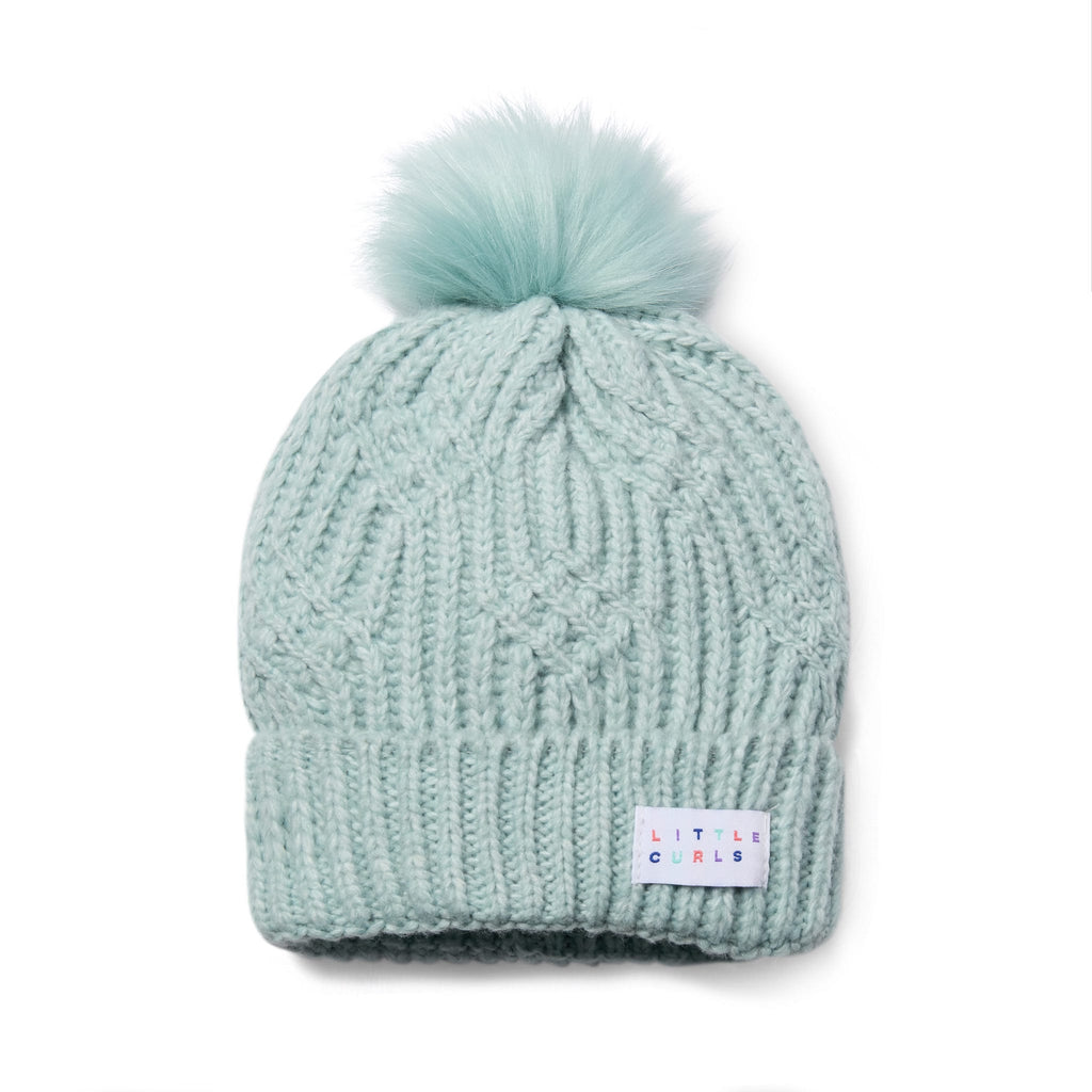 Little Curls Satin Lined Knitted Beanie Hat - Soft Blue with Pom Pom