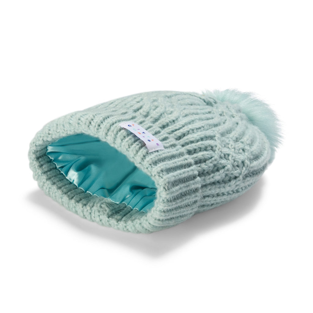 Little Curls Satin Lined Knitted Beanie Hat - Soft Blue with Pom Pom