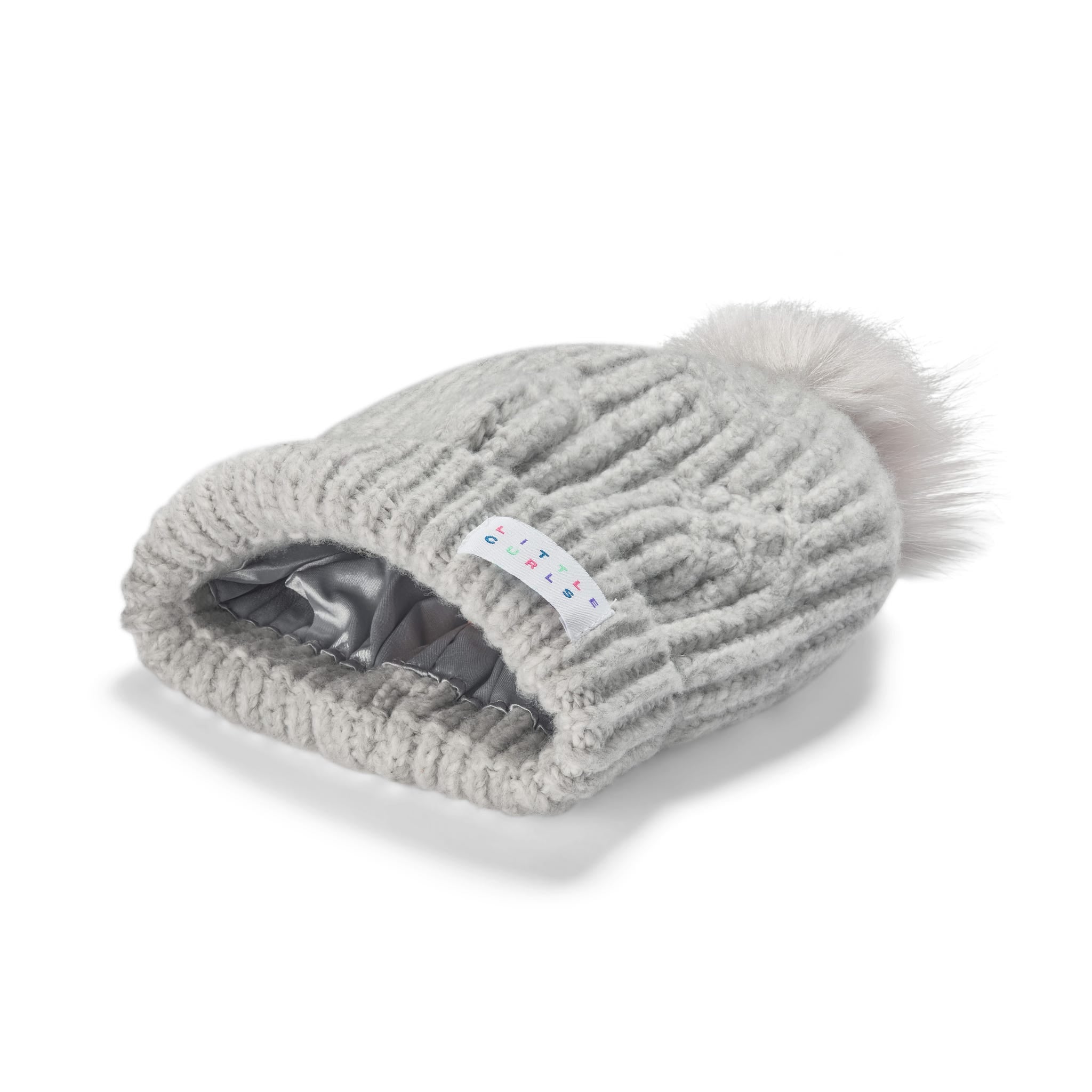 Little Curls Satin Lined Knitted Beanie Hat - Soft Grey with Pom Pom