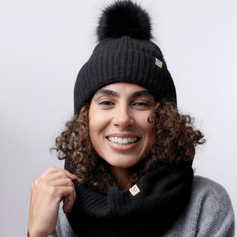 Only Curls Satin Lined Pom Beanie and Snood Set - Sadie in Black - Only Curls