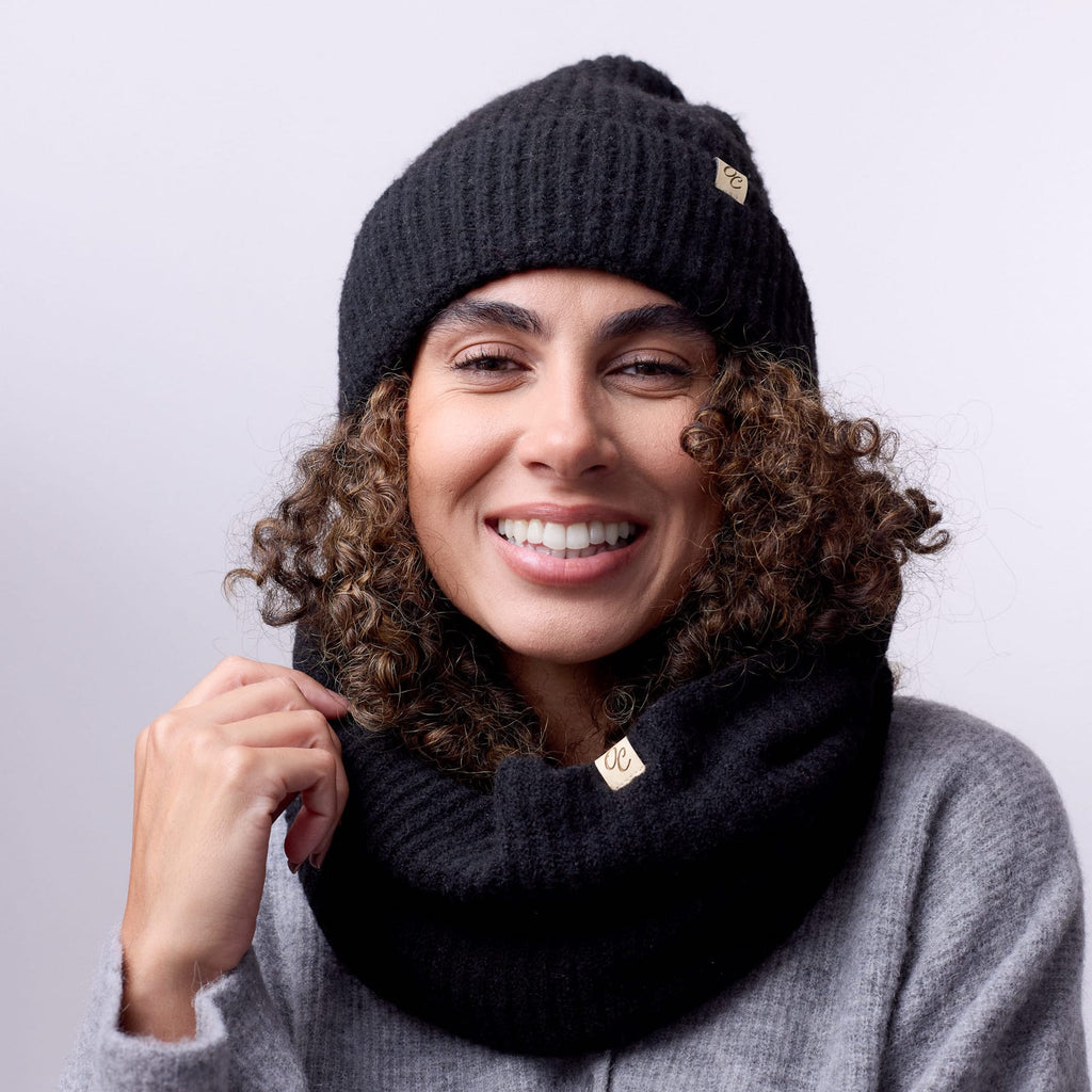 Only Curls Satin Lined Beanie and Snood Set - Sophia in Black - Only Curls