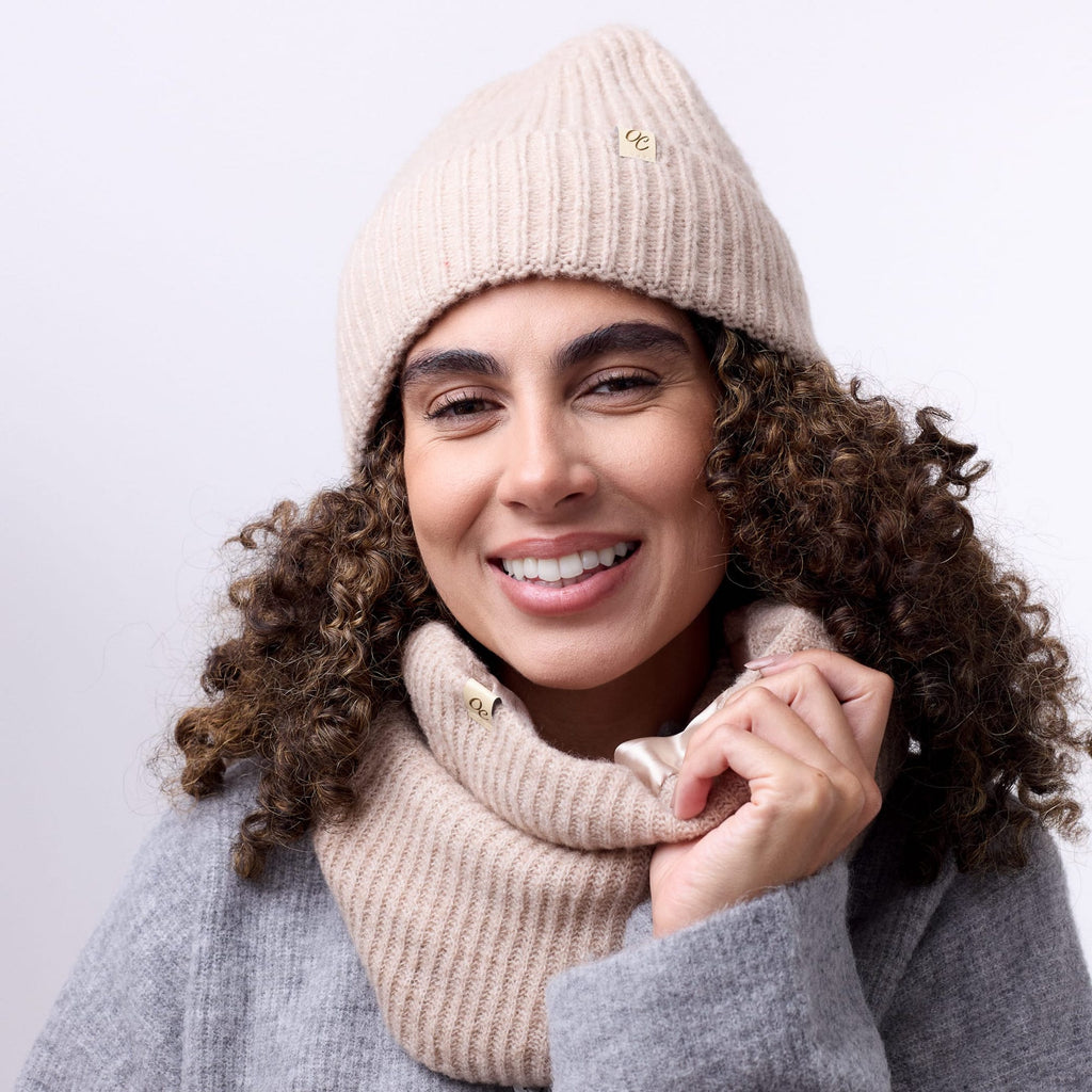 Only Curls Satin Lined Beanie and Snood Set - Sophia in Sand - Only Curls
