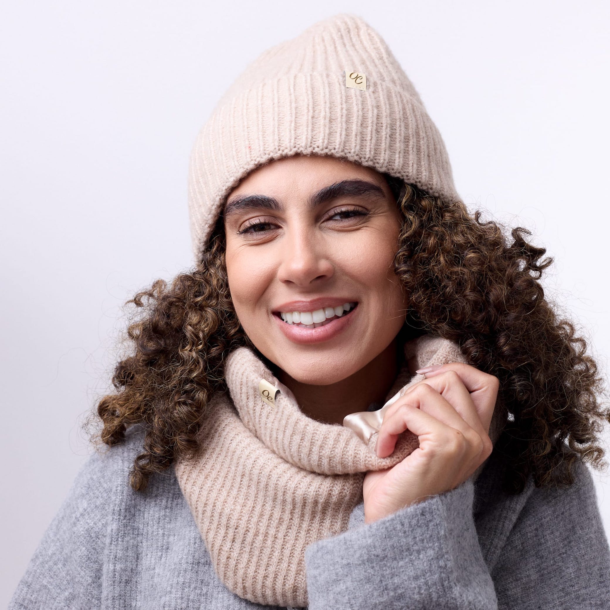 Only Curls Satin Lined Beanie and Snood Set - Sophia in Sand - Only Curls