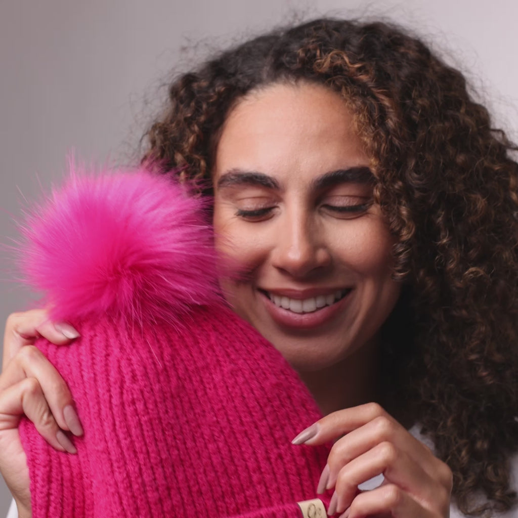 Only Curls Satin Lined Beanie with Pom - Carrie in Hot Pink