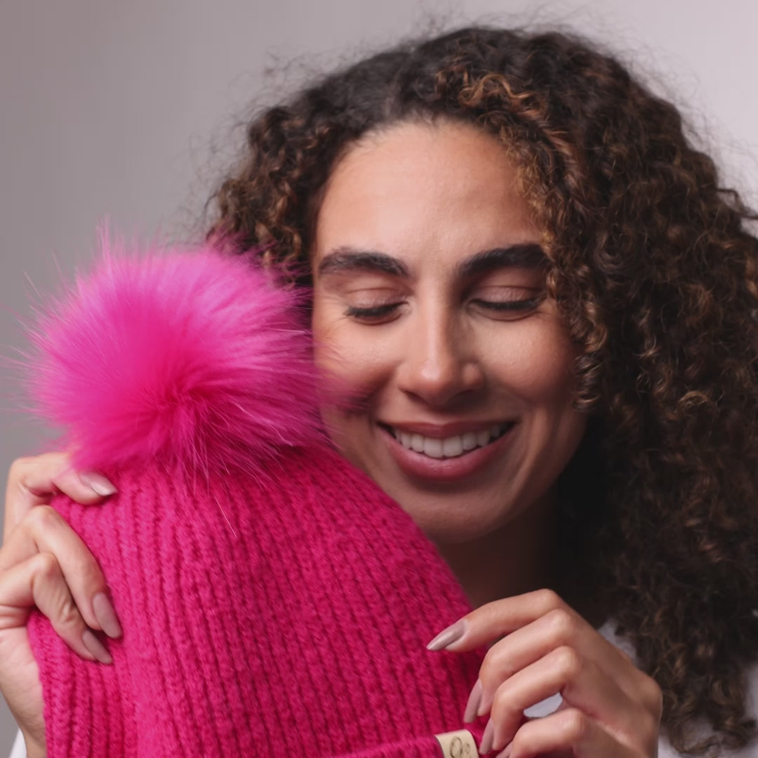 Only Curls Satin Lined Beanie with Pom - Carrie in Hot Pink