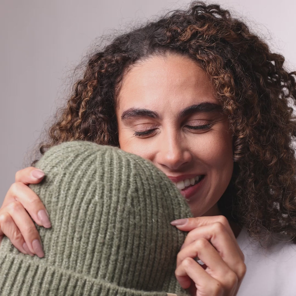 Only Curls Satin Lined Knitted Beanie Hat - Ella in Olive Green